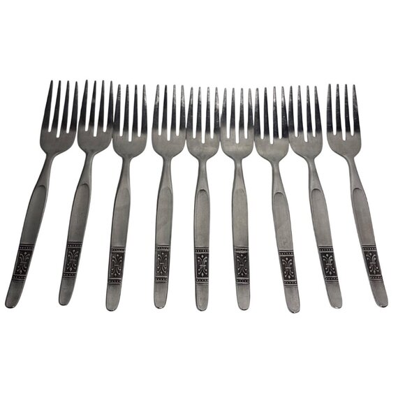 9 Vintage National Stainless Salad Forks Fleur-De-LisHandle Design Japan - Picture 1 of 7